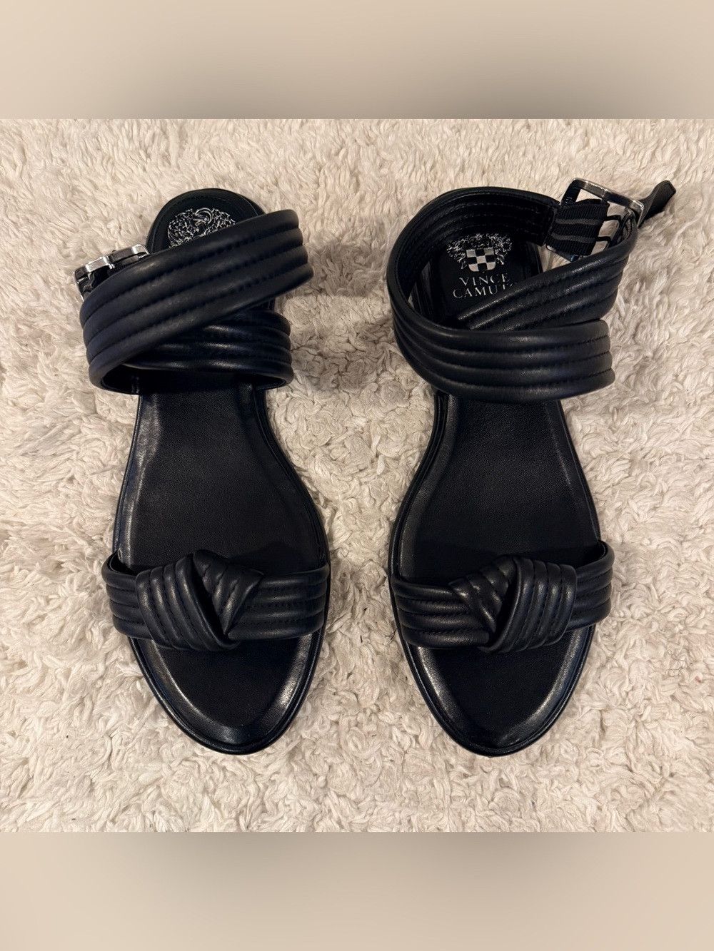 Vince Camuto Black Leather Knotted Ankle Strap Sandals Size 11 fits like 10.5